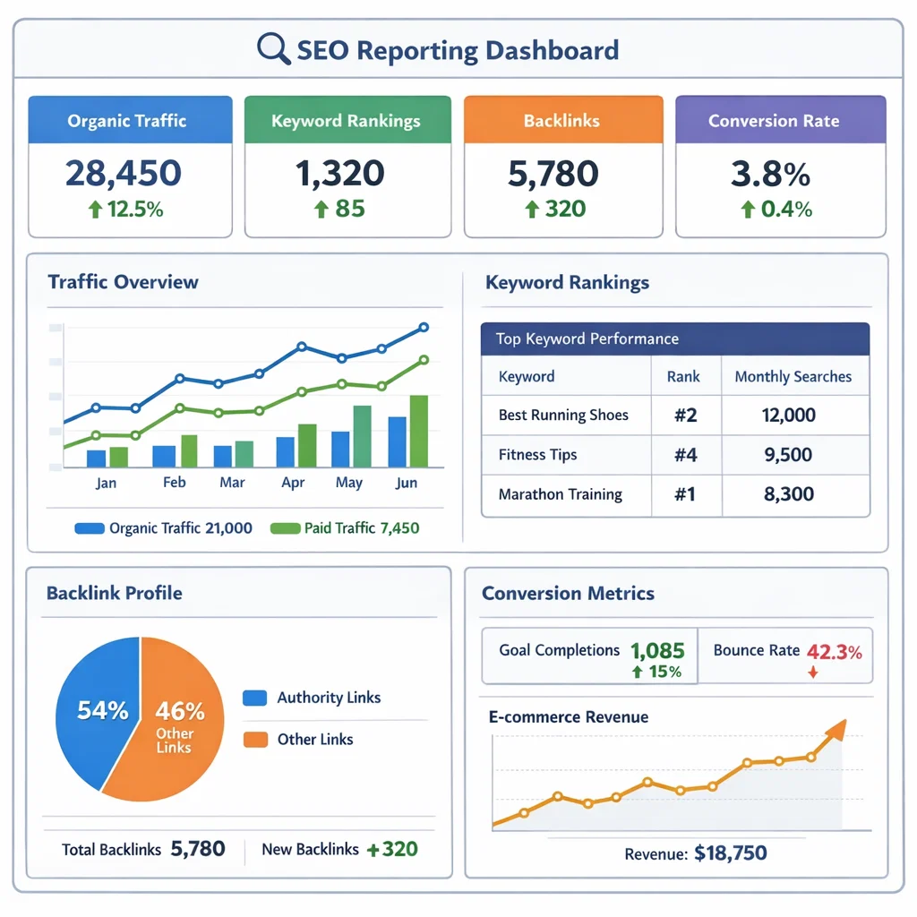 SEO reporting dashboard including ranking sheet and traffic chart