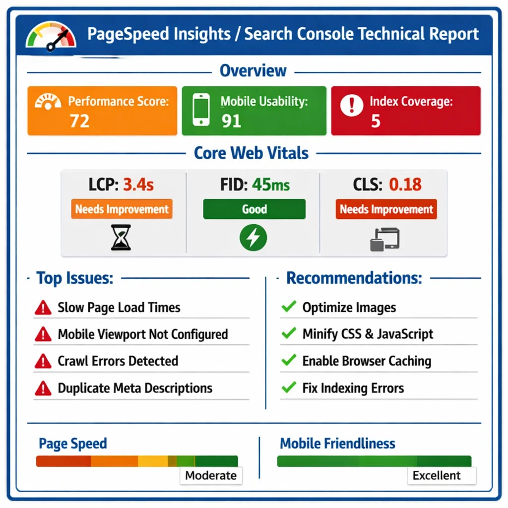 PageSpeed Insights or Search Console technical report